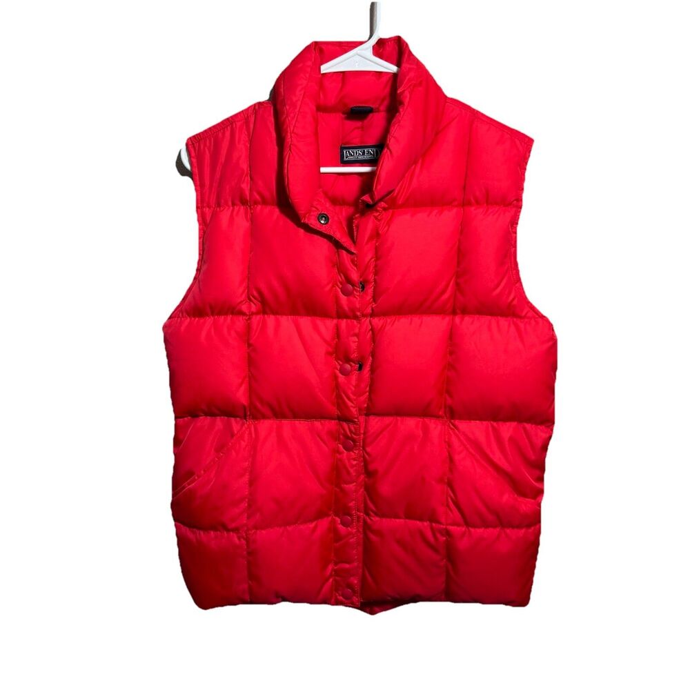 Lands End Vest Womens Sz S Red Puffer Goose Down Snap Closure Pockets Quilted